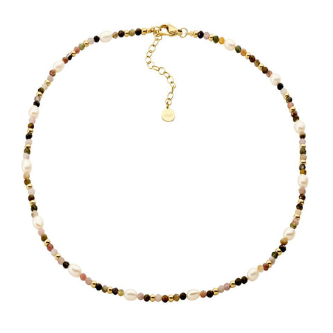 Stainless Steel Gold Plated Tourmaline & Freshwater Pearl Necklace