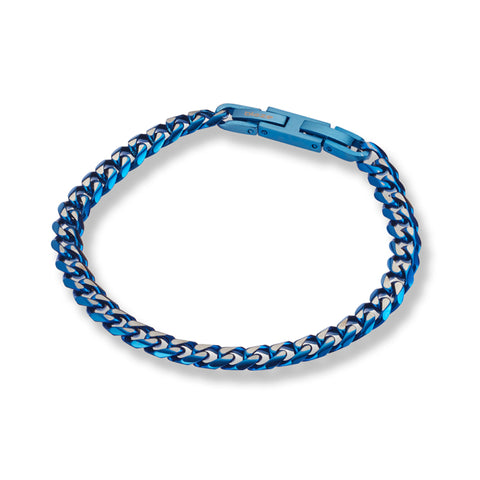 Mens Stainless Steel Cuban Link Bracelet In Oxidised Blue And Steel Finish