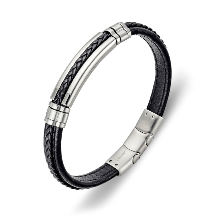 Stainless Steel Black Leather Bracelet With Steel Detail