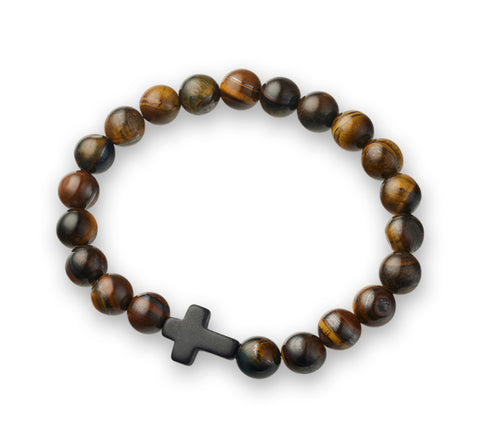 Stainless Steel Tiger Eye Beaded Elastic Bracelet With Black Stone Cross Pendant