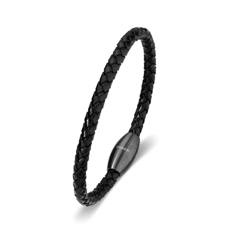 Stainless Steel Mens Black Leather Bangle With Matte Gunmetal Magnetic Clasp