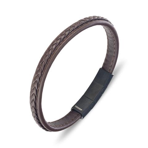 Stainless Steel Mens Brown Leather Bangle