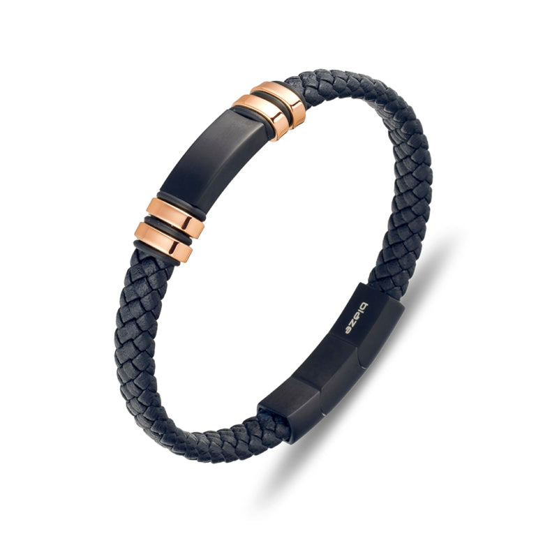 Stainless Steel Mens Black Leather Bangle With ID Plate And Rose Gold Detail