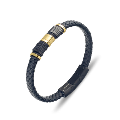 Stainless Steel Mens Black Leather Bangle With Black And Gold Plating