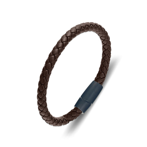 Mens Brown Leather Bangle With Brush Matte Finish Magnetic Clasp