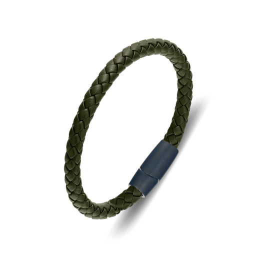 Mens Green Leather Bangle With Brush Matte Finish Magnetic Clasp