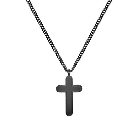 Stainless Steel Matte Black Necklace With Rounded Cross Pendant