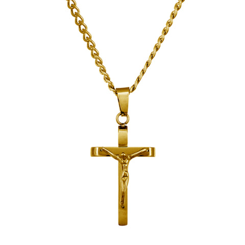 Stainless Steel Gold Plated Crucifix Necklace On Curb Link Chain