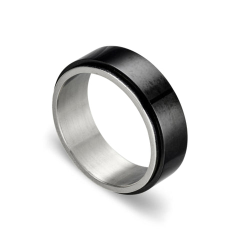 Stainless Steel Shiny Black And Steel Spinner Ring Size 10