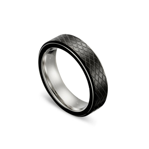 Stainless Steel Mens Black And Steel Crosshatch Pattern Ring Size 10