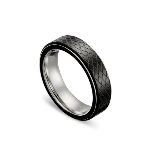 Stainless Steel Mens Black And Steel Crosshatch Pattern Ring Size 12