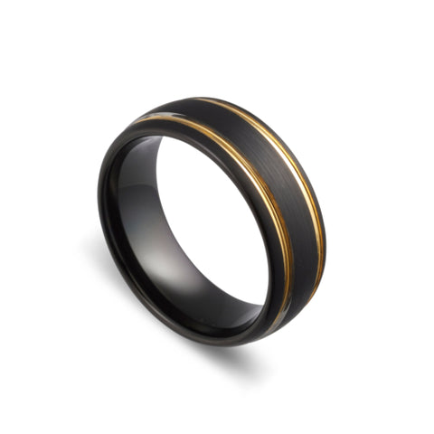 Mens Tungsten Black Domed Ring With Gold Accent Grooves