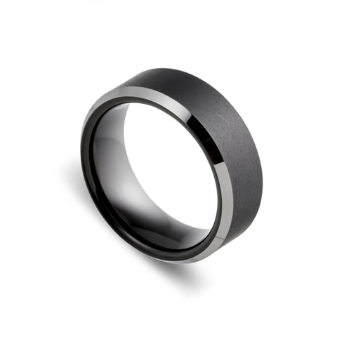 Mens Tungsten Brushed Black Ring With Shiny Bevelled Edges