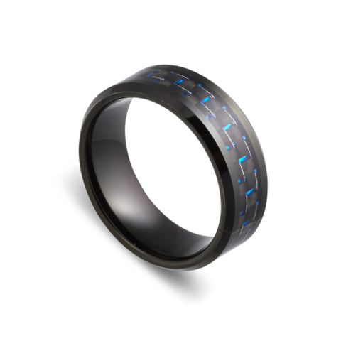 Mens Tungsten Black Polished Carbon Fibre And Blue Inlay Ring