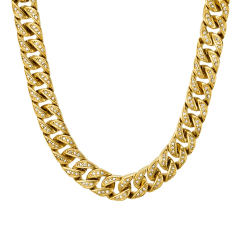 Stainless Steel Gold Plated Cuban Link Cubic Zirconia Set Chain Necklace 55cm