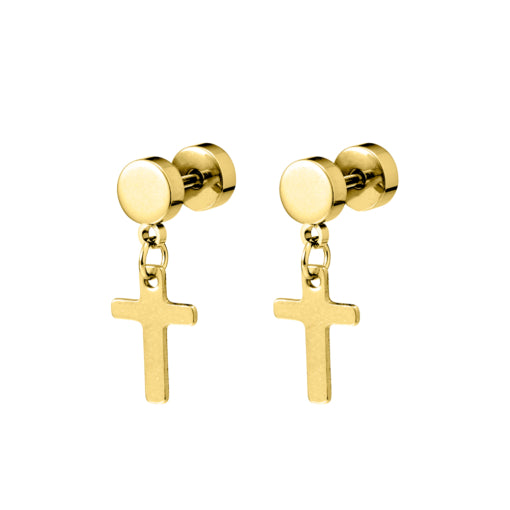 Stainless Steel Faux Plug Stud Earring With Dangle Cross