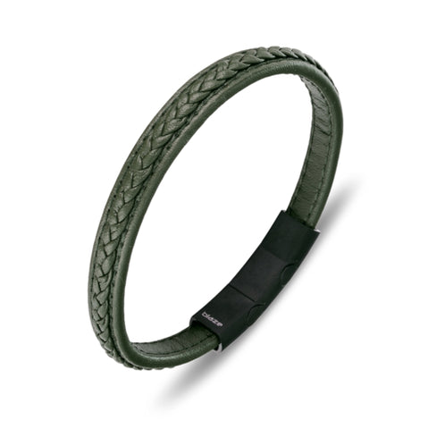 Stainless Steel Mens Green Leather Bangle