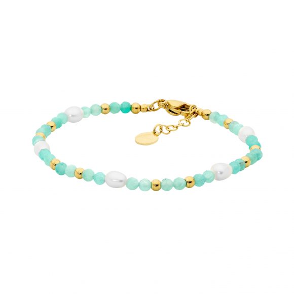 Stainless Steel Amazonite, Gold Plated Beads & Freshwater Pearl Bracelet