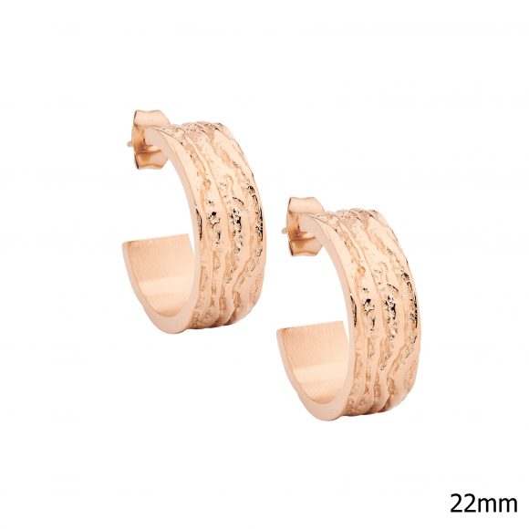 Stainless Steel Rose Gold Plated Wave Feature Hoop Earrings