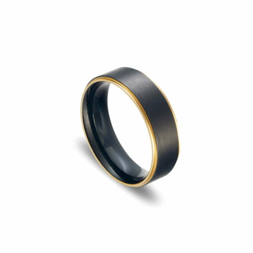 Mens Stainless Steel Black Brushed Ring With Beveled Gold Edges Size 12