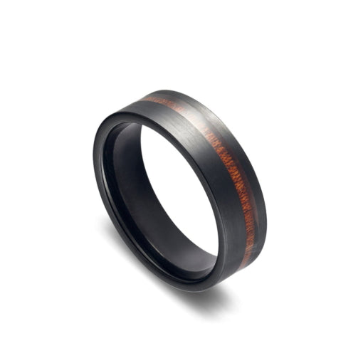 Mens Tungsten Black Plated Ring With Wood Inlay