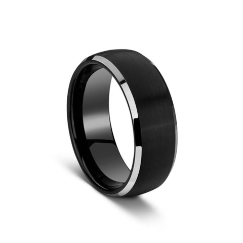 Tungsten Mens Brushed Dome Band And Silver Beveled Edge Ring