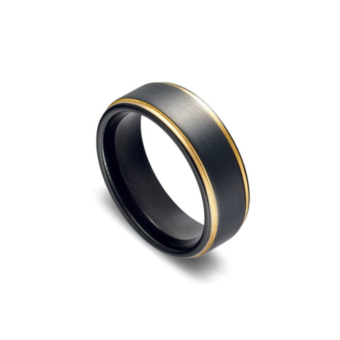 Tungsten Mens IP Black Plated Ring With Gold Beveled Edge