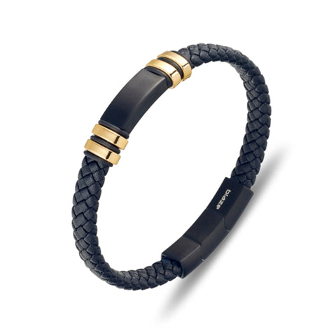 Stainless Steel Mens Black Leather Bangle With Gold Plated ID Plate