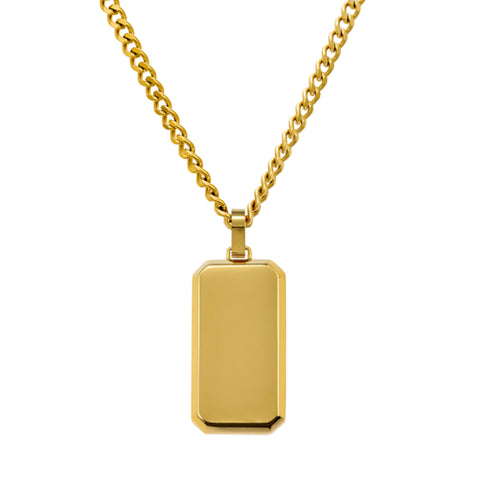 Stainless Steel Gold Plated Cuban Chain Necklace With Bevelled Edge Dog-Tag Pendant