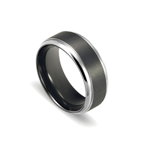 Zirconium Mens Matte Black Ring With Polished Silver Detail