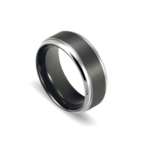 Zirconium Mens Matte Black Ring With Polished Silver Detail