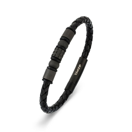 Blaze Mens Stainless Steel Leather & Bead Bangle