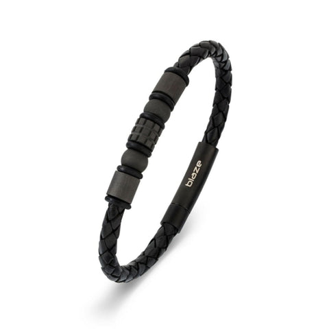 Blaze Mens Stainless Steel Leather & Bead Bangle