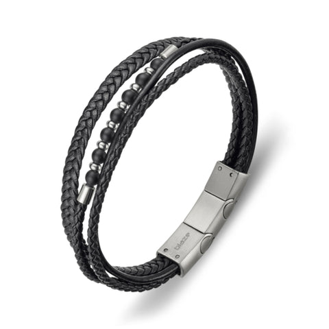 Blaze Mens Stainless Steel Black Leather Bangle