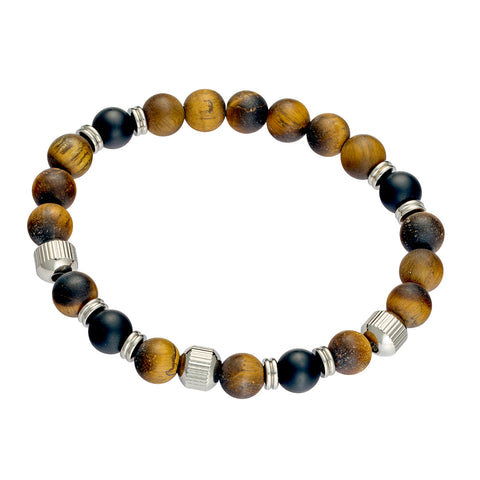 Blaze Stainless Steel Yellow Tiger Eye And Matte Black Agate Bead Bracelet