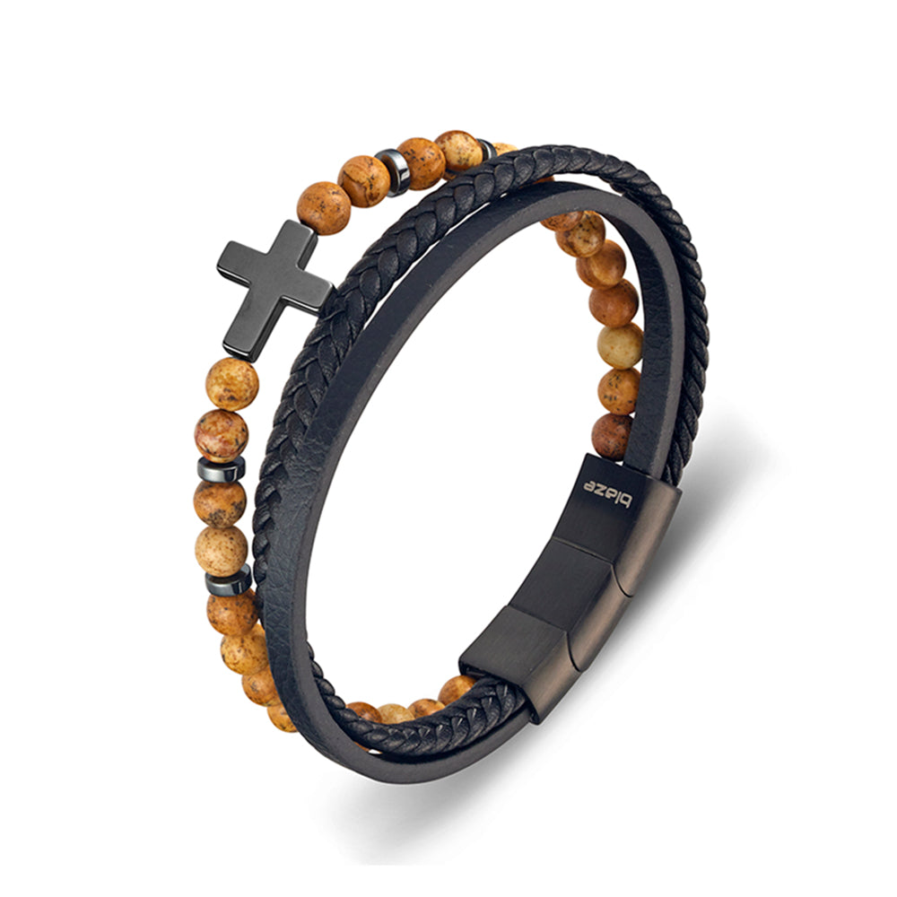 Blaze Stainless Steel Men’s Triple-Strap Brown Leather Bracelet