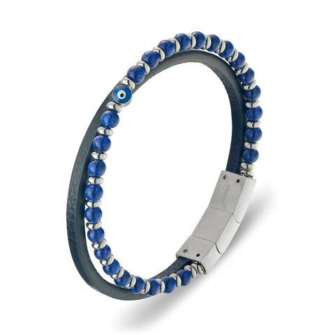 Blaze Mens Stainless Steel Black Leather Evil Eye Bangle