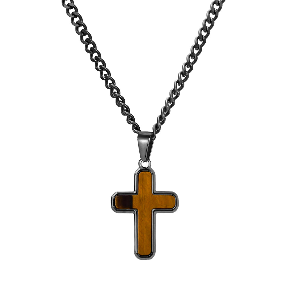 Blaze Matte Black Steel Necklace With Woodgrain Cross Pendant