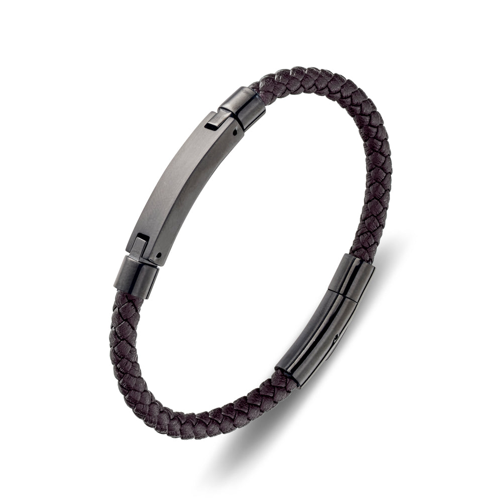 Blaze Stainless steel men’s brown leather bangle with black ID bar