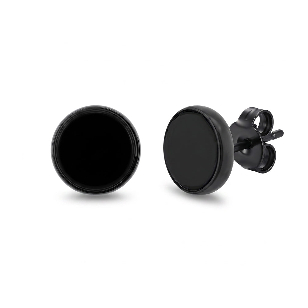 Blaze Black Stainless Steel Round Black Agate Set Stud Earrings