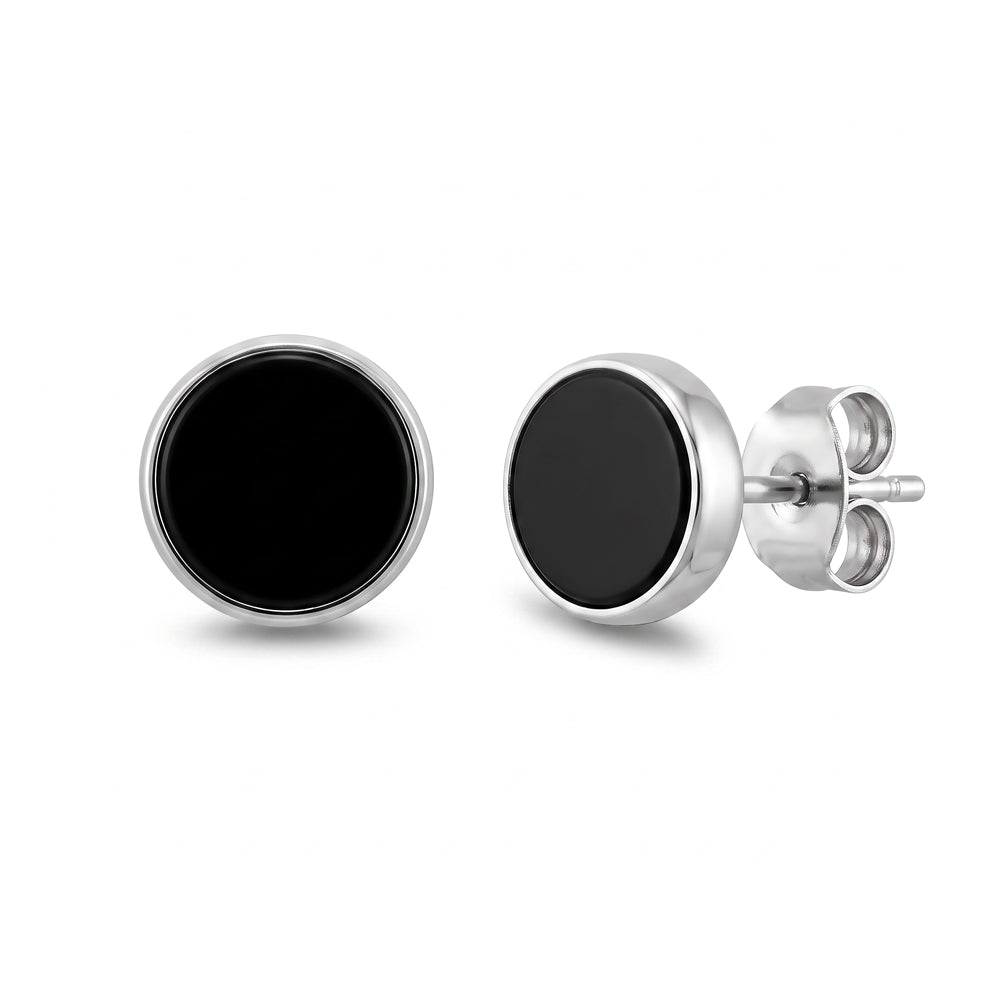 Blaze Stainless Steel Round Black Agate Set Stud Earrings