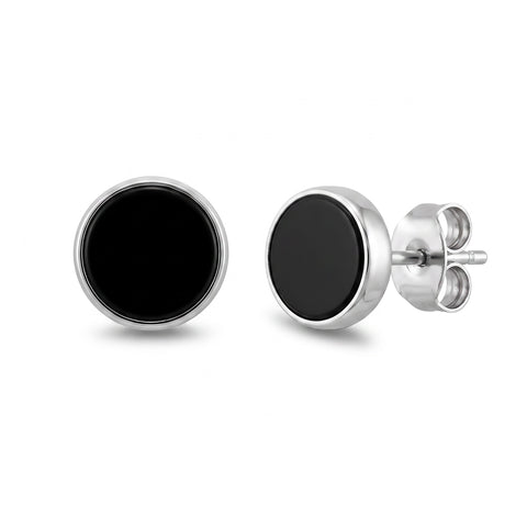 Blaze Stainless Steel Round Black Agate Set Stud Earrings