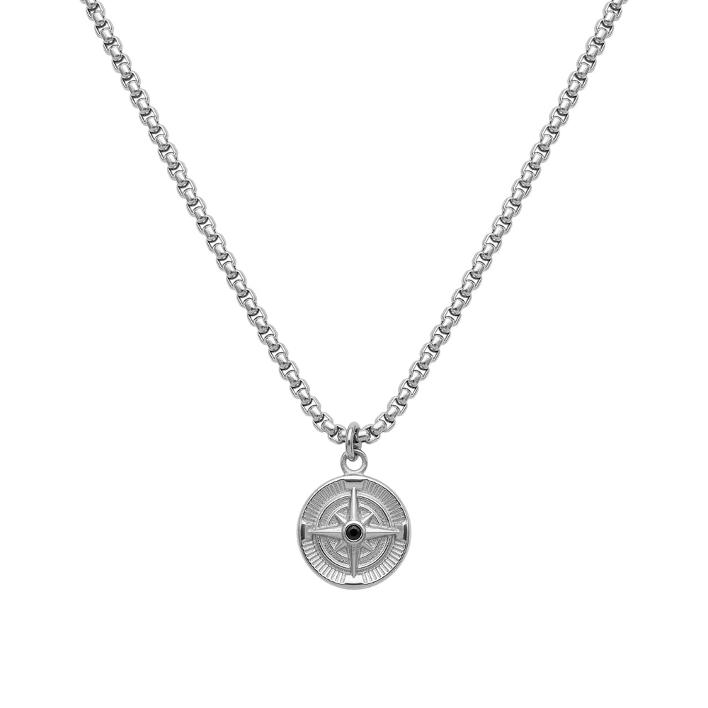 Blaze Stainless Steel Men’s Compass & Black Cubic Zirconia Necklace
