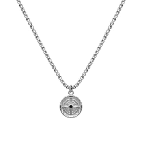 Blaze Stainless Steel Men’s Compass & Black Cubic Zirconia Necklace