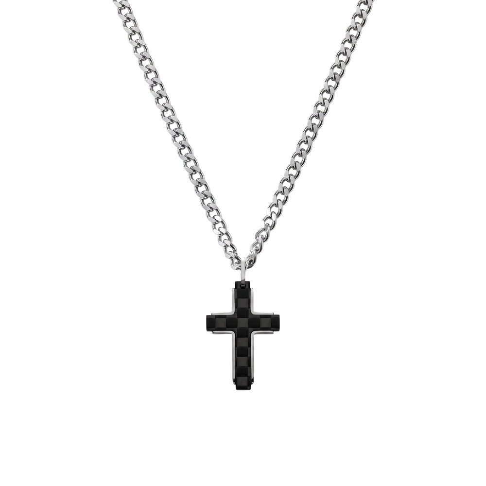 Blaze Stainless Steel Carbon Fibre Cross Necklace