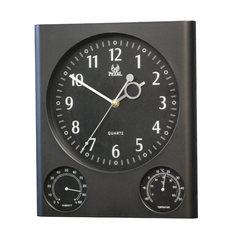 Black Analogue Wall Clock With Hygrometer & Thermometer.
