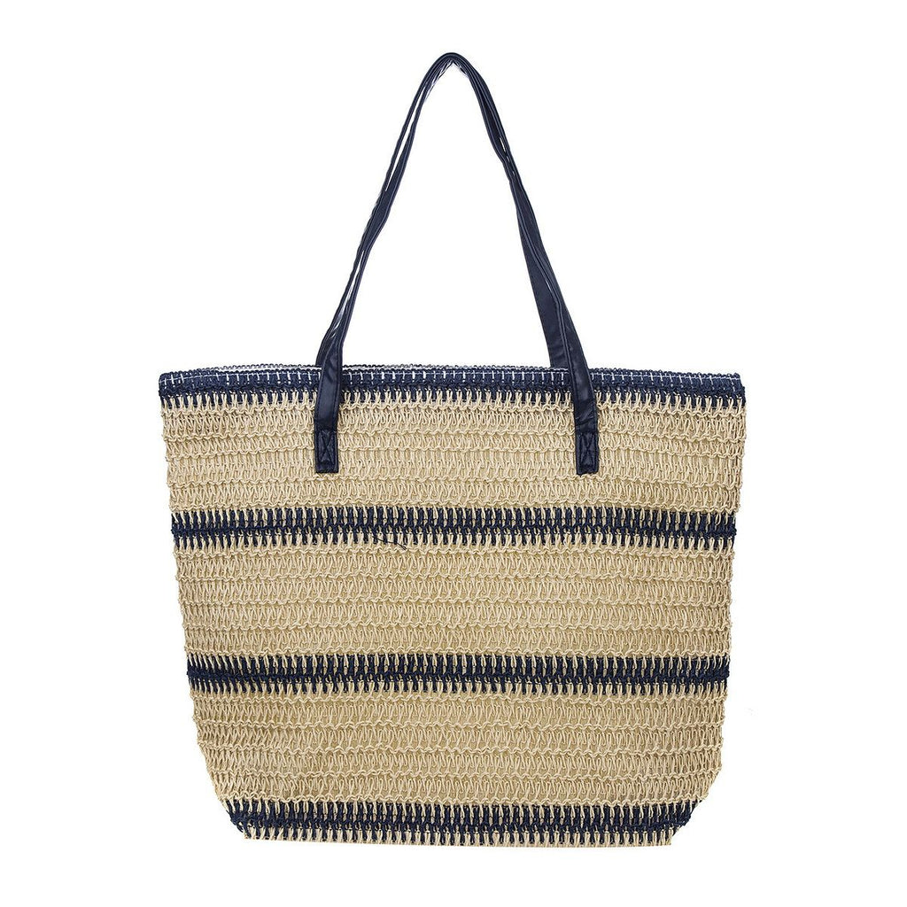 Navy Blue Striped Mesh Beach Bag