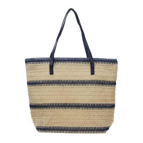 Navy Blue Striped Mesh Beach Bag