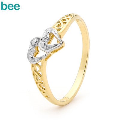 9ct Yellow Gold Diamond Set Double Heart Dress Ring