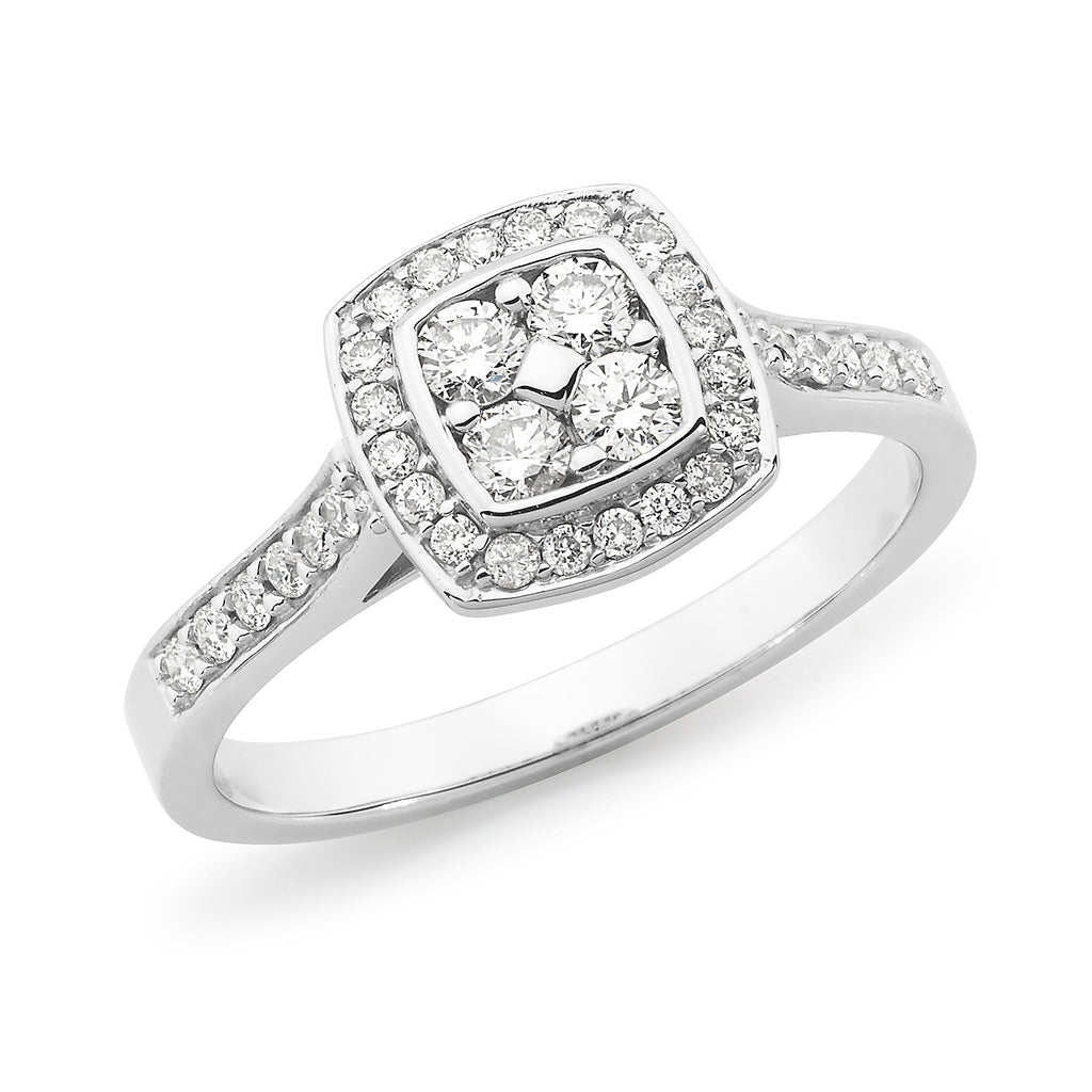 9ct White Gold Diamond Halo Engagement Ring
